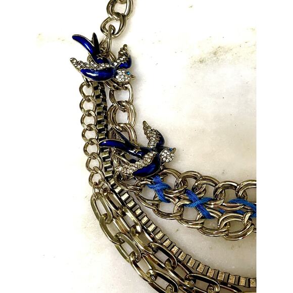 Betsy Johnson SWALLOW BIRD BLUE Pendant Gold Color Necklace Multi Chain Woven - Picture 2 of 8
